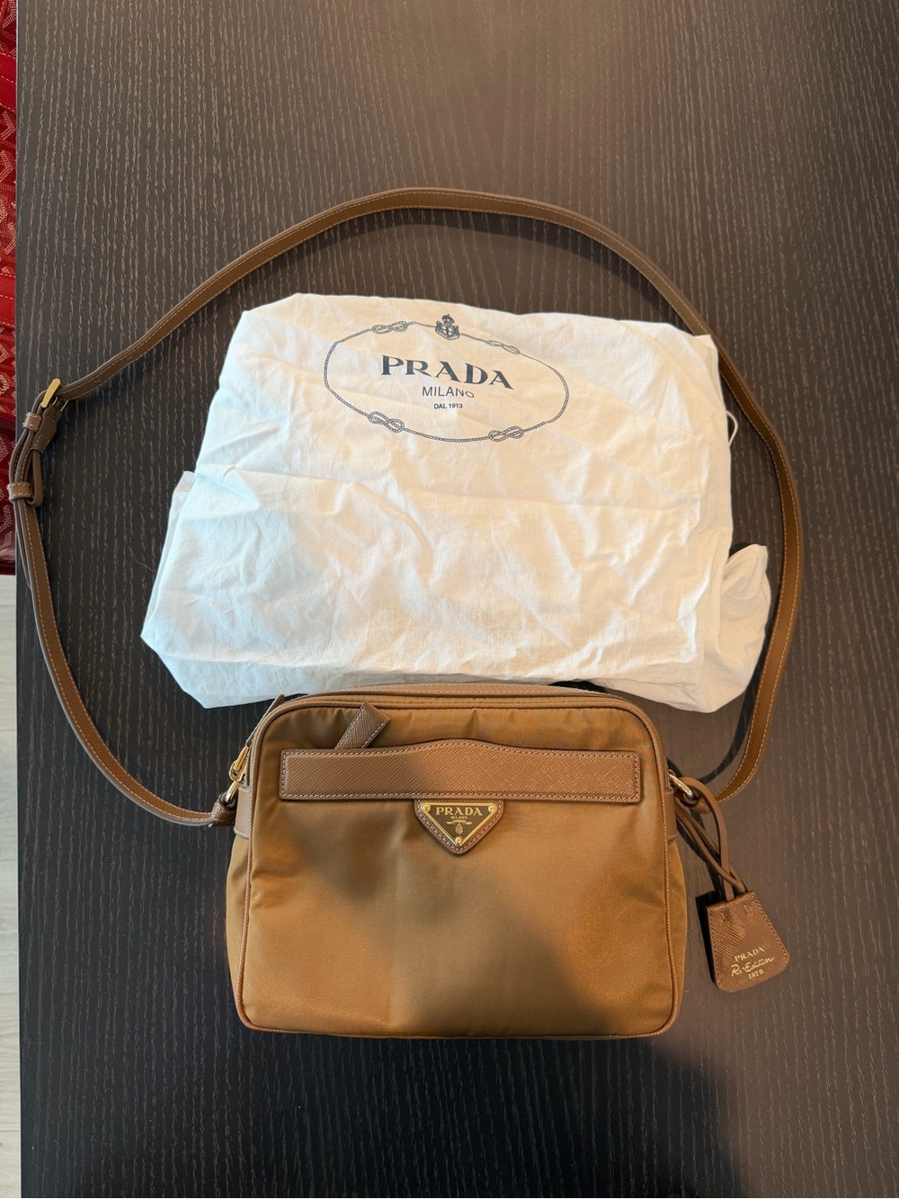 Prada cognac re-Nylon camera crossbody Bag with Leather Trim; worn 10 times max